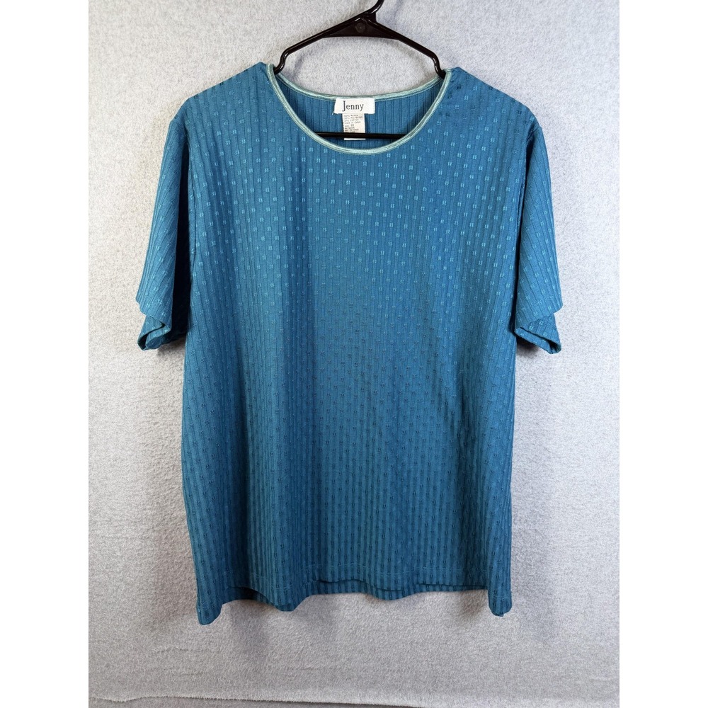 Jenny Shirt Womens 1X Blue Textured Knit Short Sleeve Crewneck Top Casual Basic
